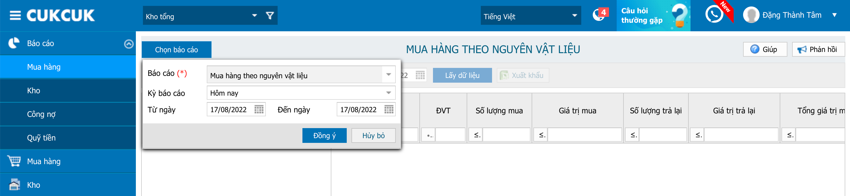 báo cáo kho quỹ theo nguyên vật liệu