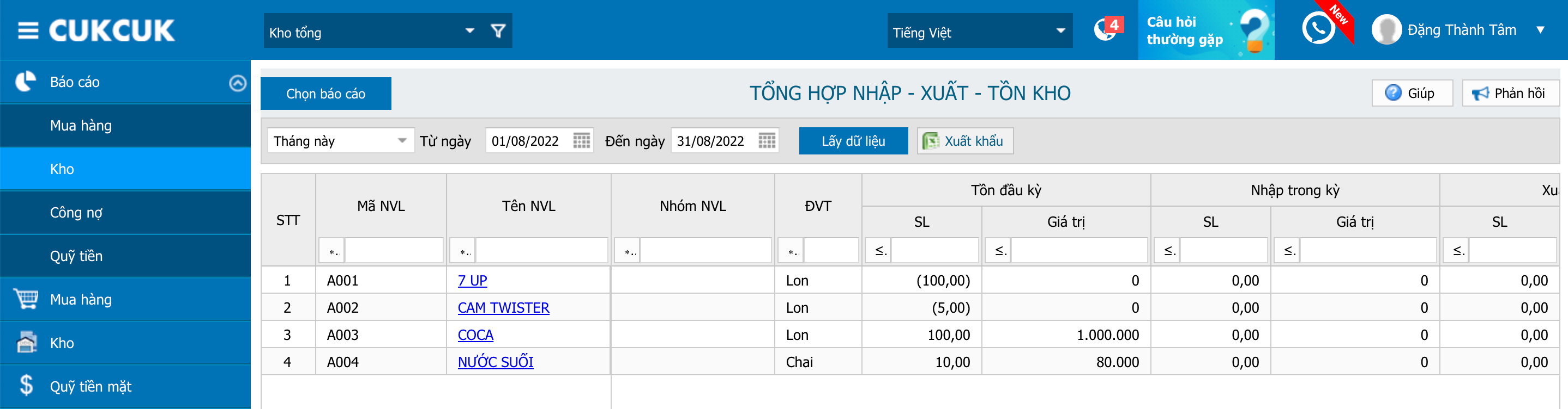 báo cáo kho nguyên vật liệu