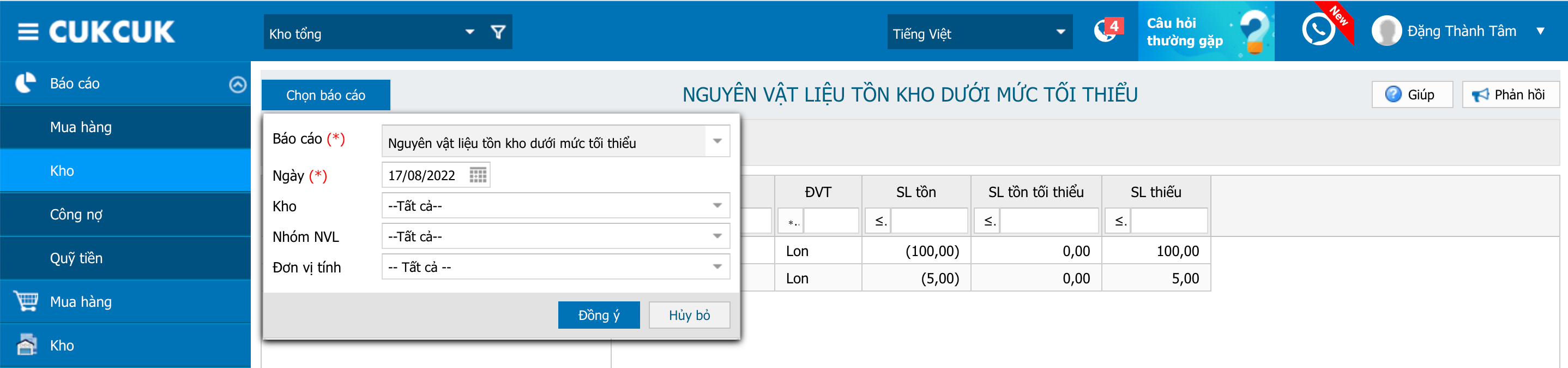 báo cáo kho quỹ nhà hàng: tồn kho mức tối thiểu
