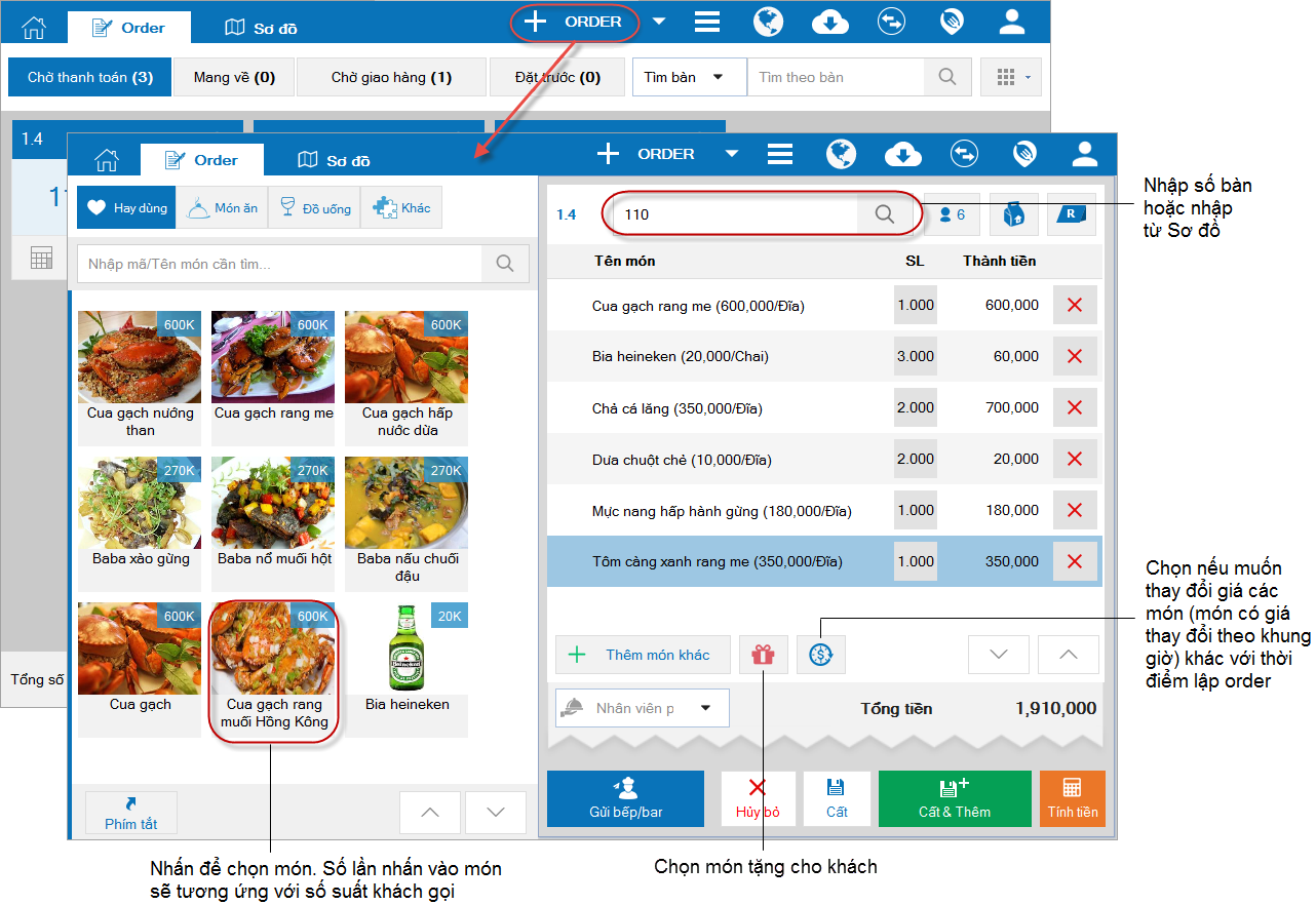 tính năng ghi order cho khách hàng