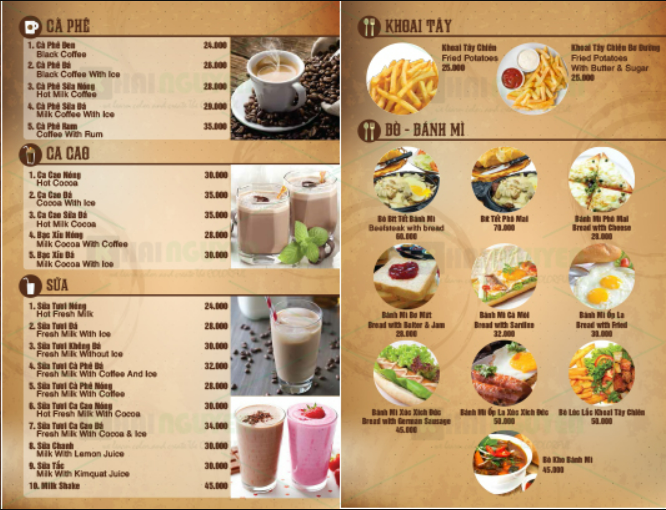Menu quán cafe ăn sáng