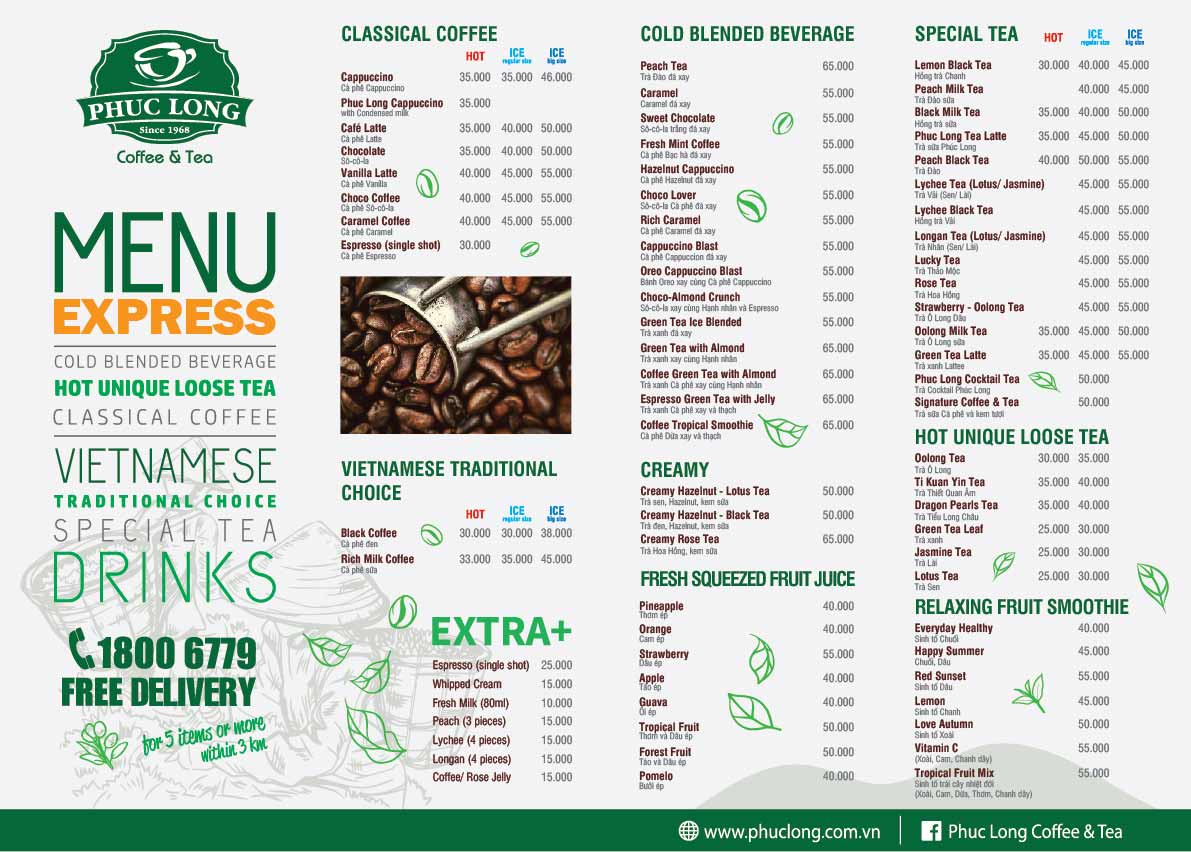 Bảng giá và menu Phúc Long