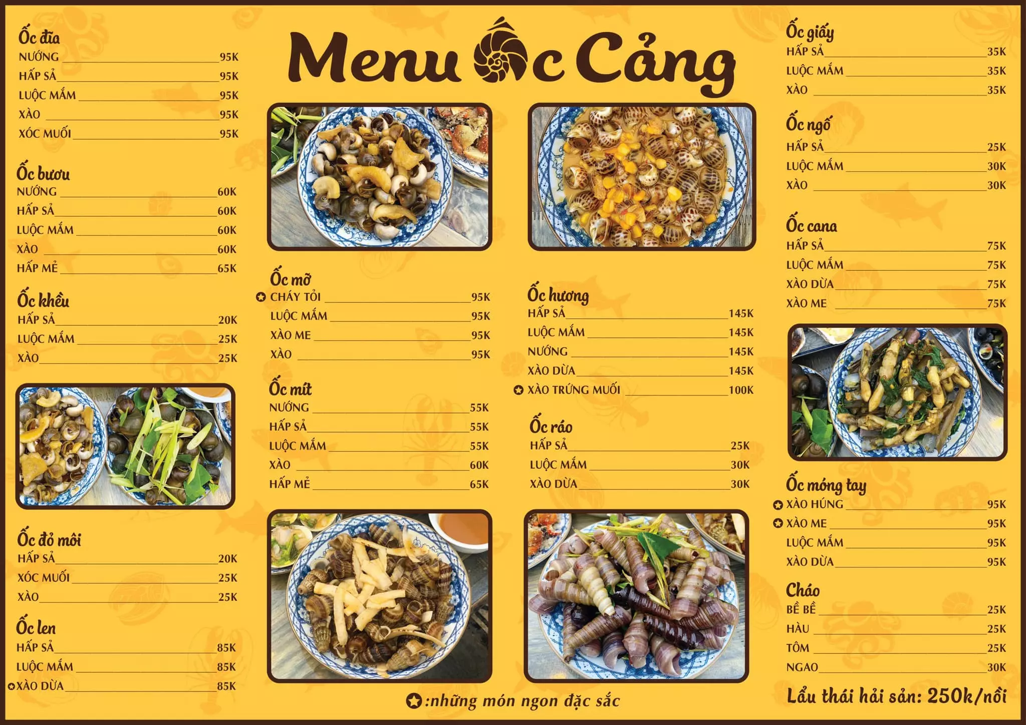 menu quán ốc phân chia bố cục cân đối rõ ràng
