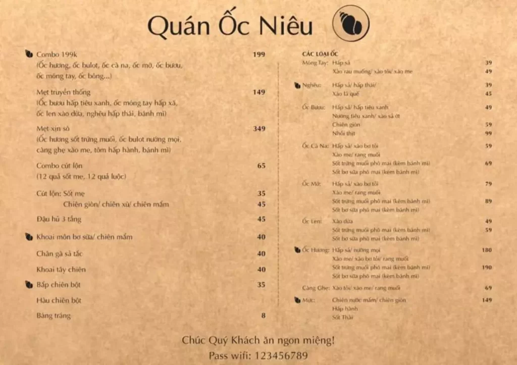 thiết kế menu quán ốc dễ đọc
