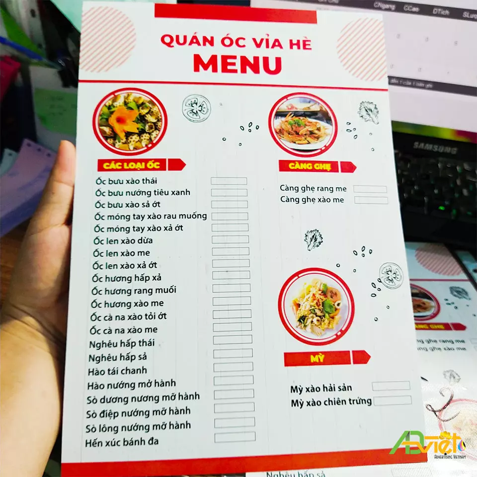 menu quán ốc theo phong cách bình dân