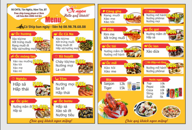 Menu quán ốc bình dân với đa dạng món ăn