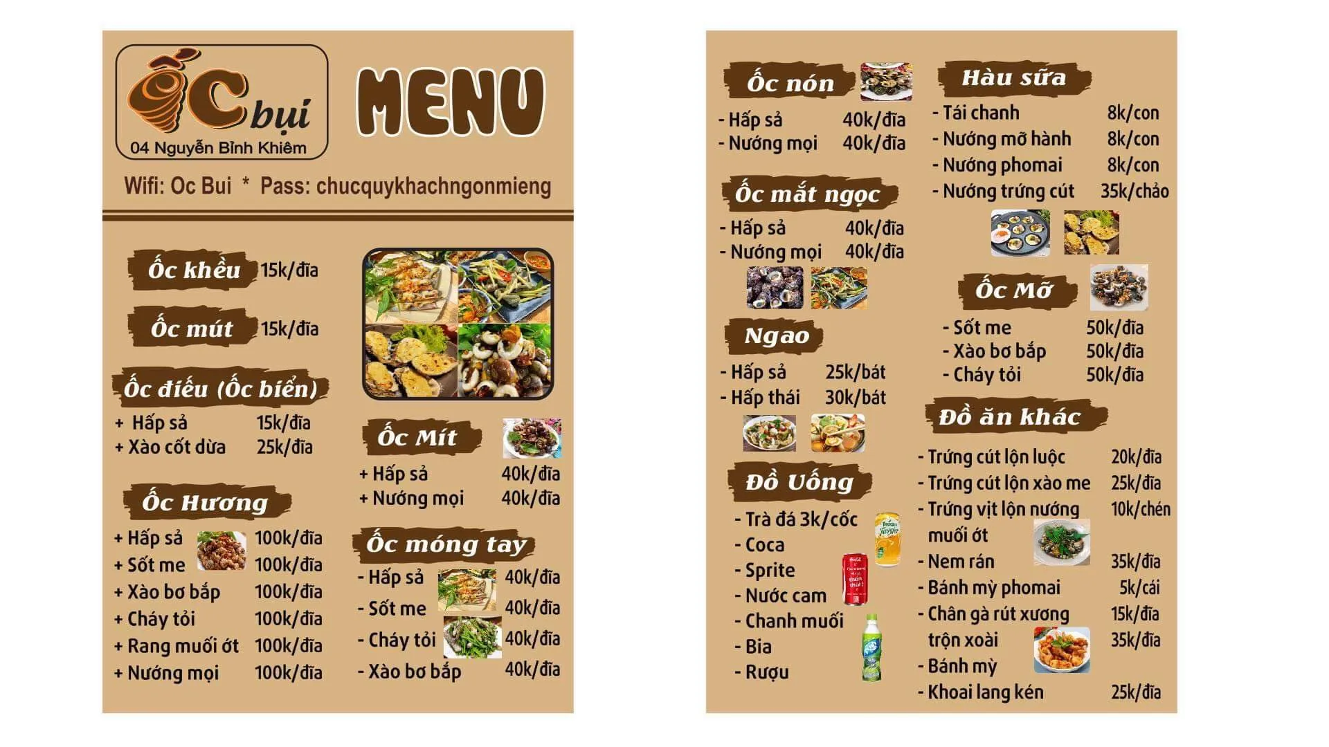 thêm hình ảnh và mô tả món ăn khi thiết kế menu quán ốc