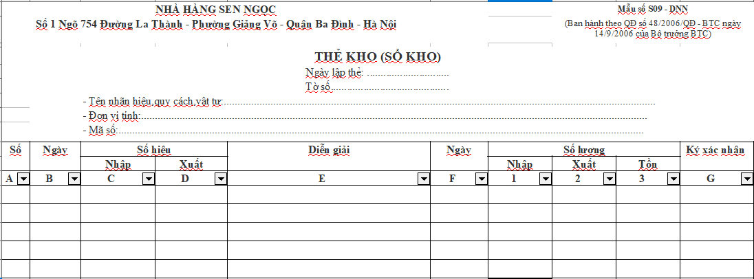 File Excel xuất nhập tồn kho dành cho nhà hàng, quán cafe