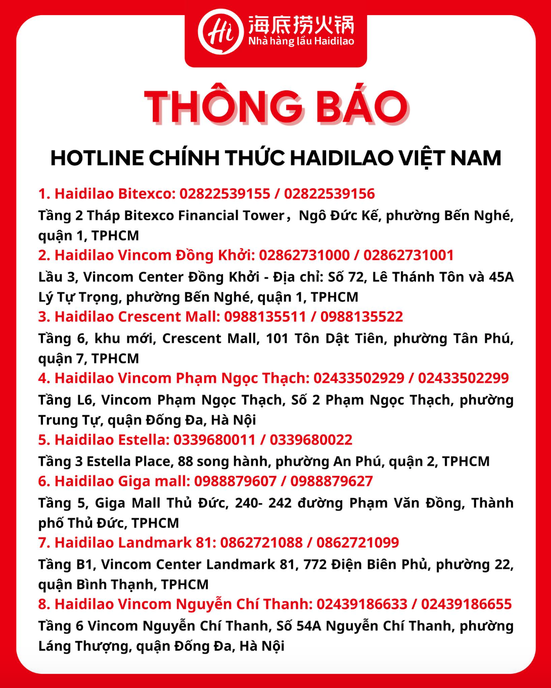 Danh sách địa chỉ Haidilao Việt Nam