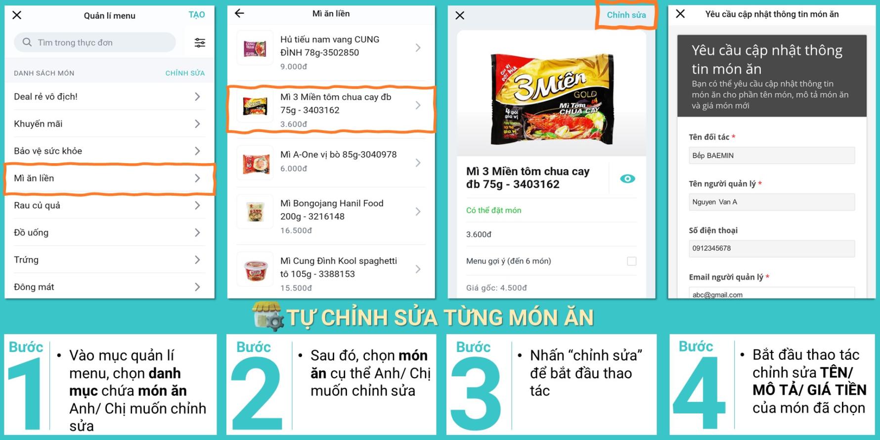 Thay đổi menu món