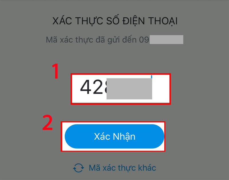 Màn hình xác thực số điện thoại ví điện tử zalopay