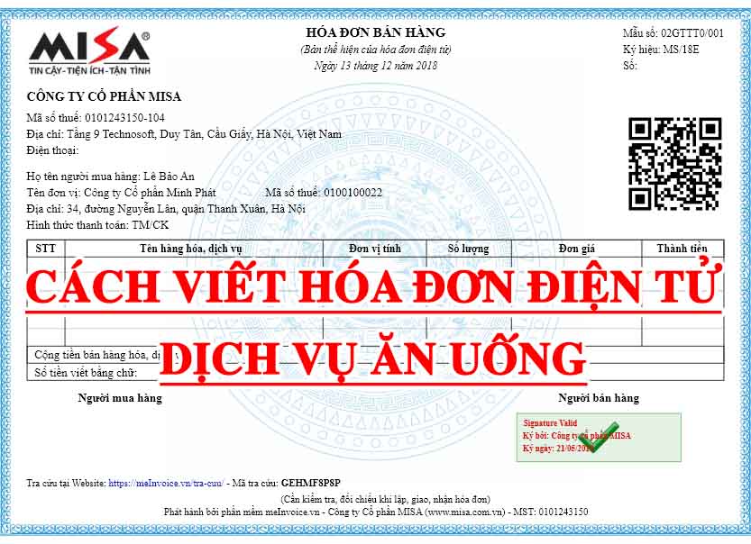 Hóa đơn điện tử dịch vụ ăn uống