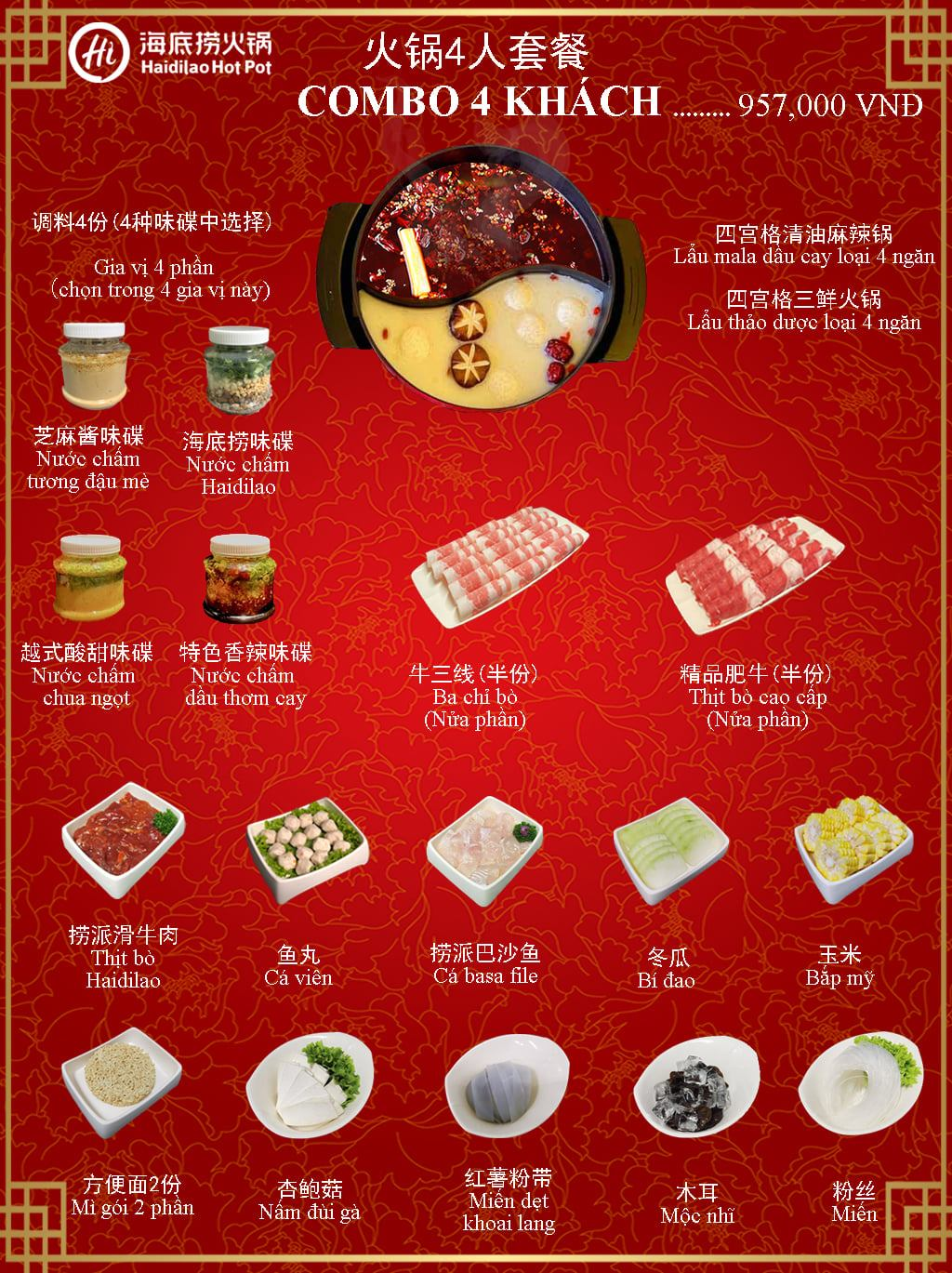 haidilao menu giá 4 người