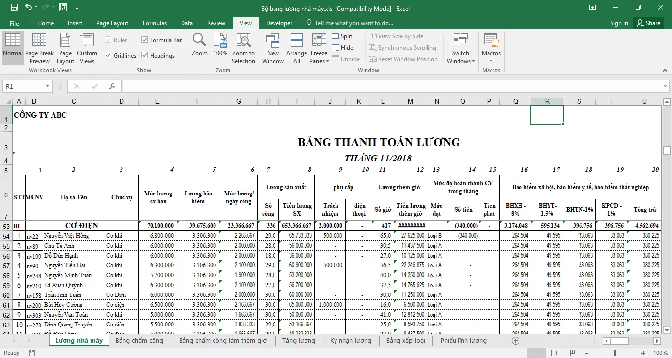 mẫu bảng lương nhân viên nhà hàng bằng excel