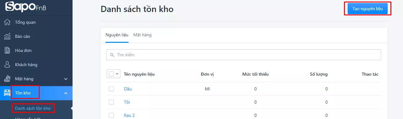 phần mềm quản lý nguyên vật liệu sapo
