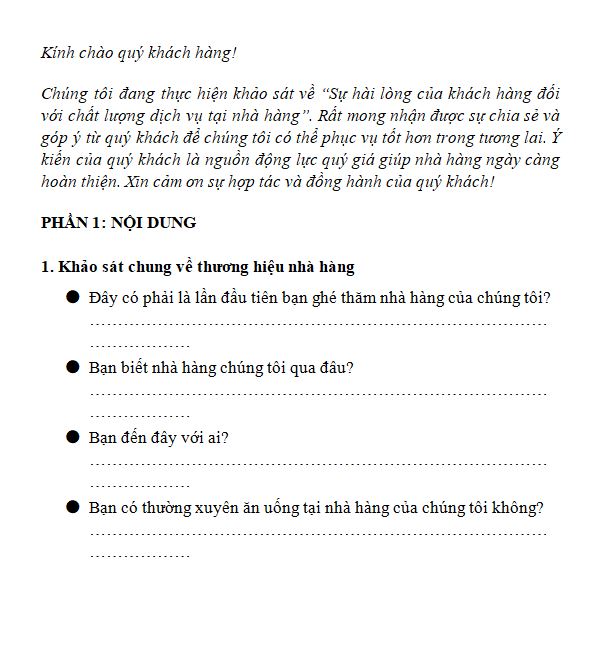 Mẫu khảo sát ý kiến khách hàng về chất lượng dịch vụ