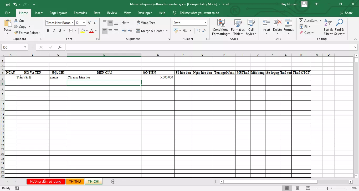 tạo bảng tính excel để quản lý file nguyên vật liệu
