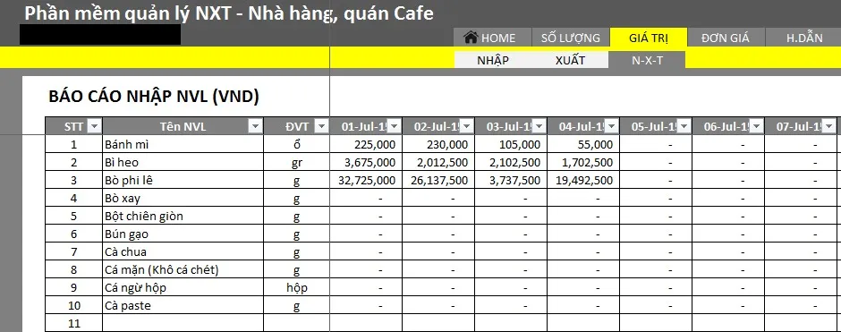 file excel quản lý xuất nhập tồn kho nhà hàng