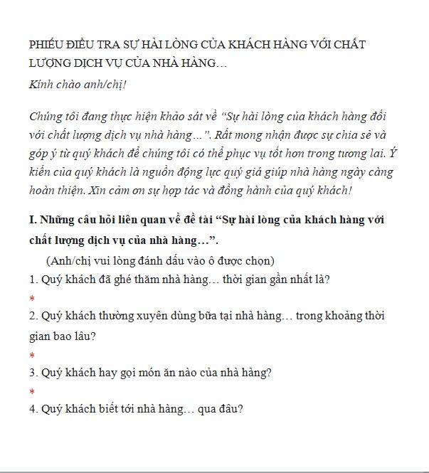Mẫu khảo sát mức độ hài lòng của khách hàng