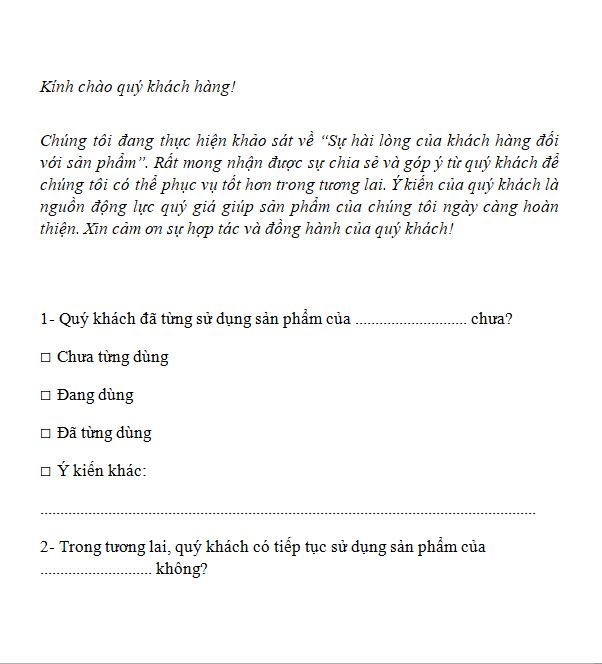 Mẫu khảo sát ý kiến khách hàng về sản phẩm