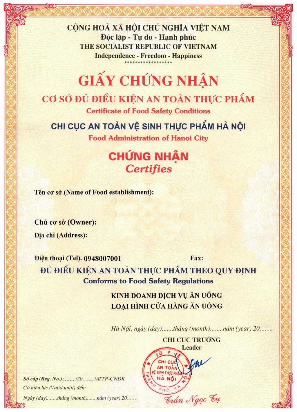 Mẫu giấy chứng nhận An toàn vệ sinh thực phẩm
