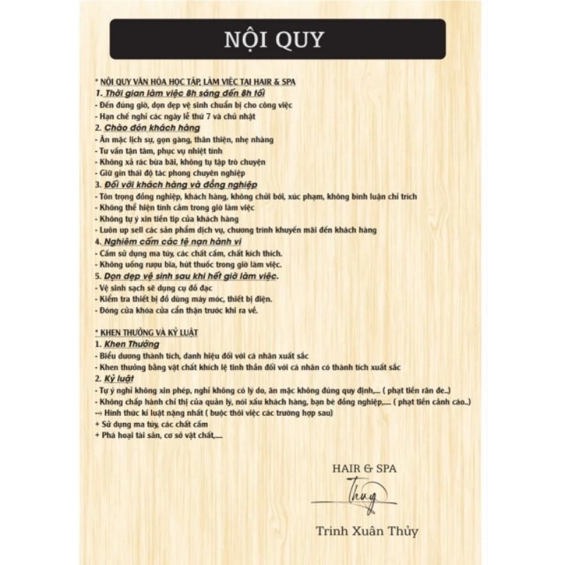 Bảng nội quy spa