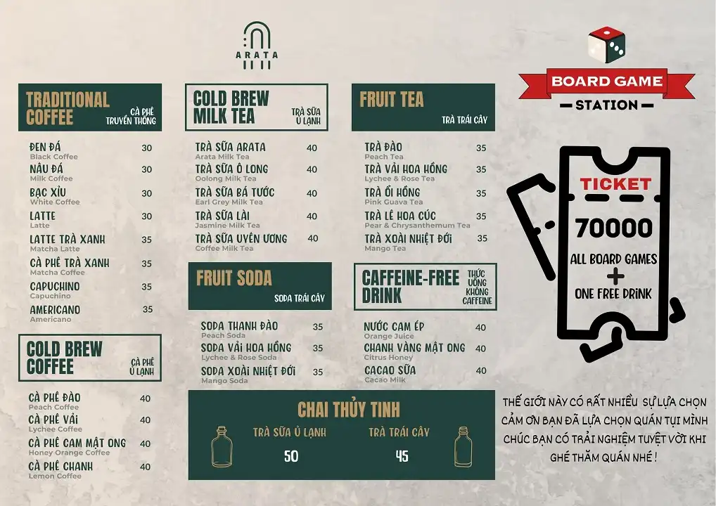 menu quán cafe board game