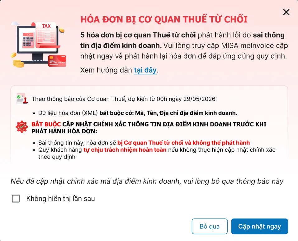 cảnh báo hóa đơn khi bị cơ quan thuế từ chối