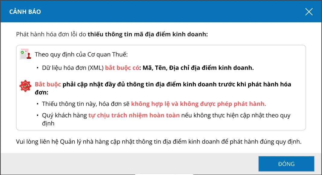 cảnh báo khi phát hành hóa đơn thông tin thiếu địa điểm kinh doanh