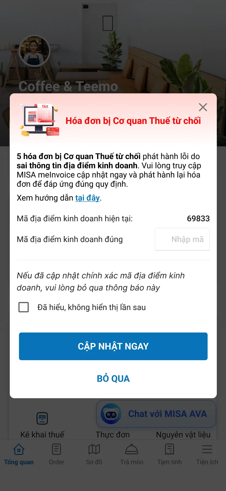 hóa đơn bị cơ quan thuế từ chối trên oneapp