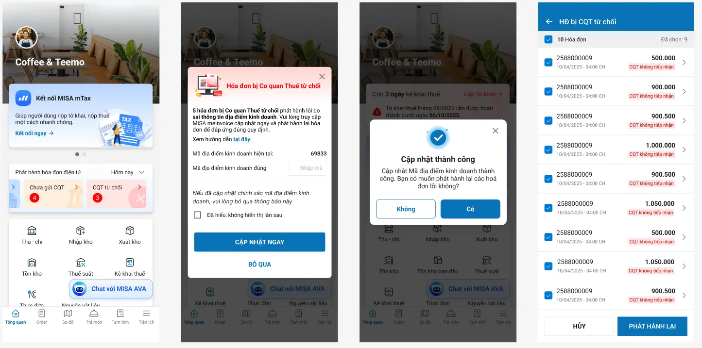 phát hành lại hóa đơn khi bị cơ quan thuế từ chối trên oneapp