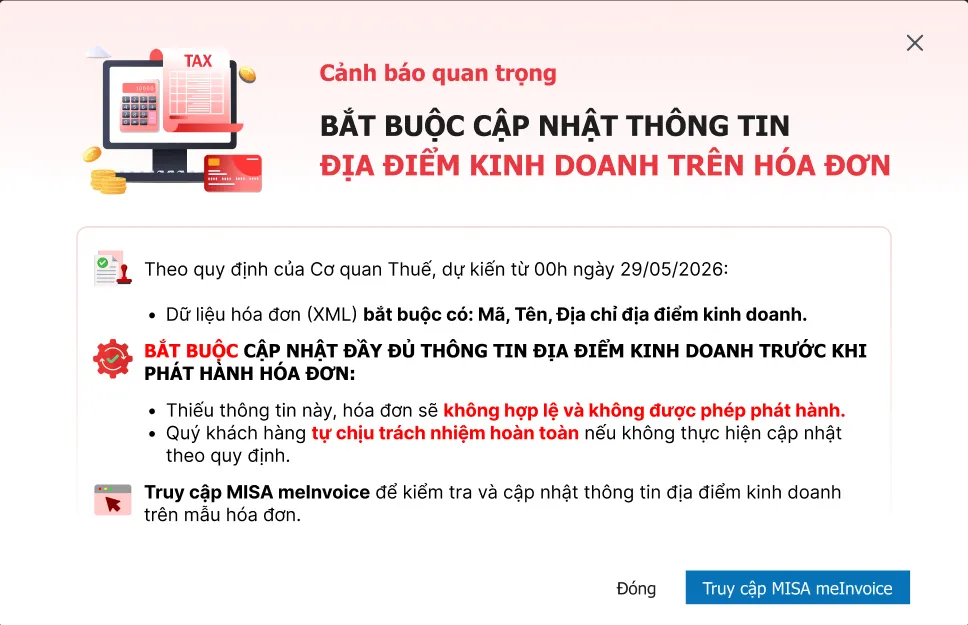 thông báo cập nhất hóa đơn trên web cukcuk