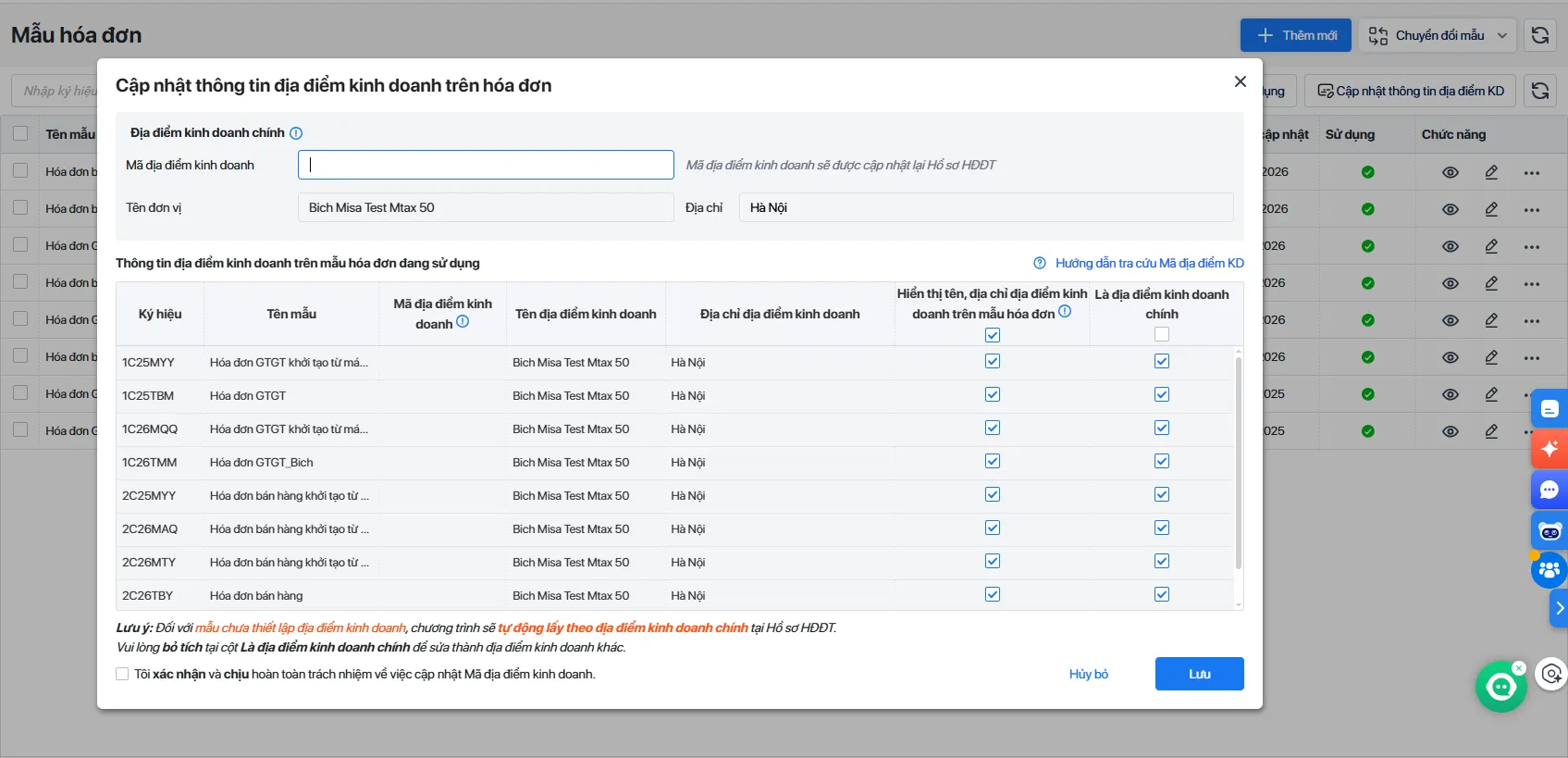 thông báo cập nhất hóa đơn trên web cukcuk